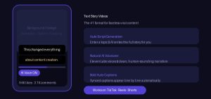 Wava AI text story video feature showing auto-captions, AI voiceover, and background footage for faceless content creation